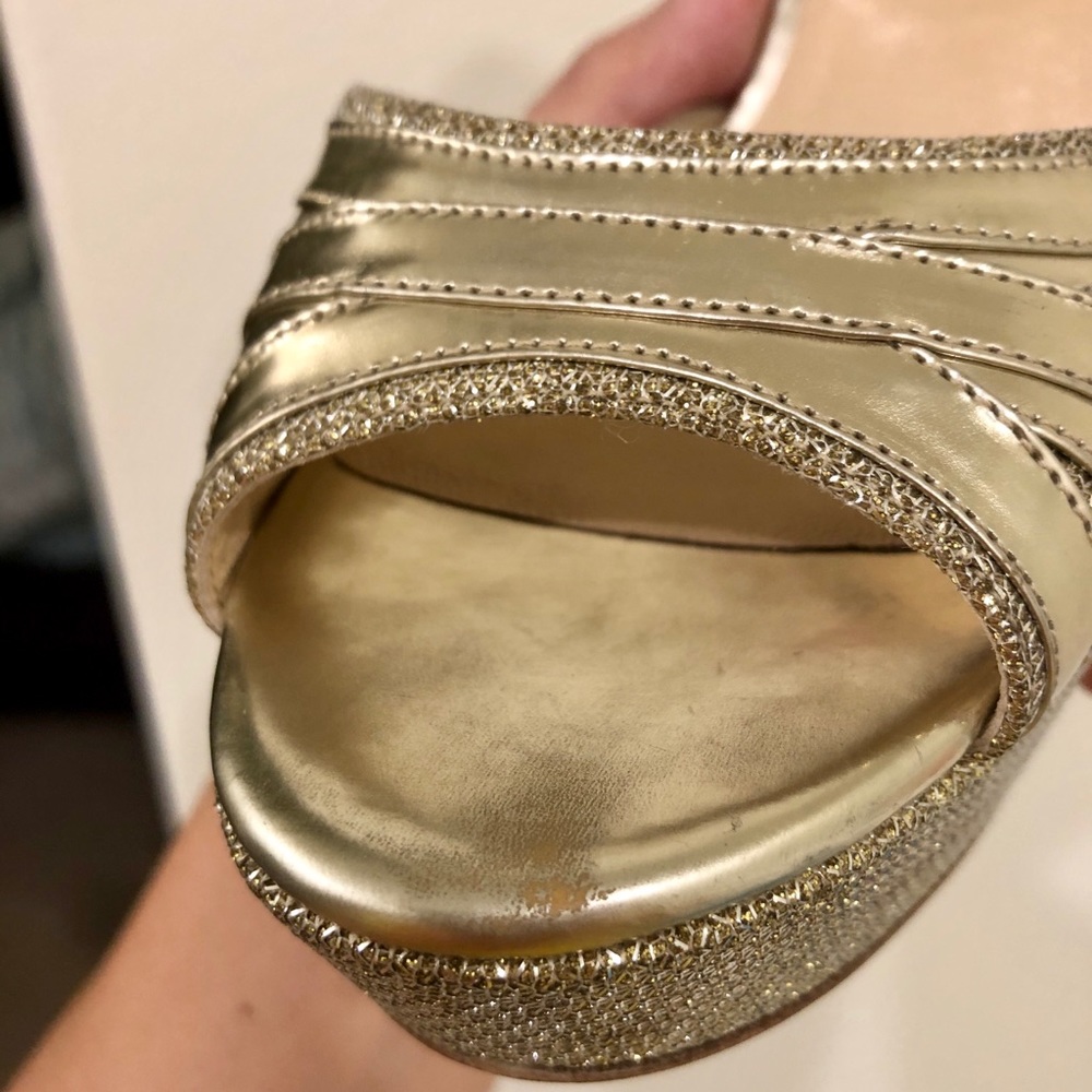 Jimmy Choo Gold Metallic Leather Platform Sandal Heels - Picture 8 of 9